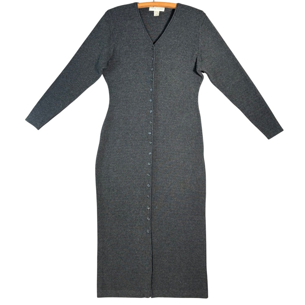 Vintage Casual Corner Knit Dress Fits M Button Front Long Sleeve Charcoal Gray
